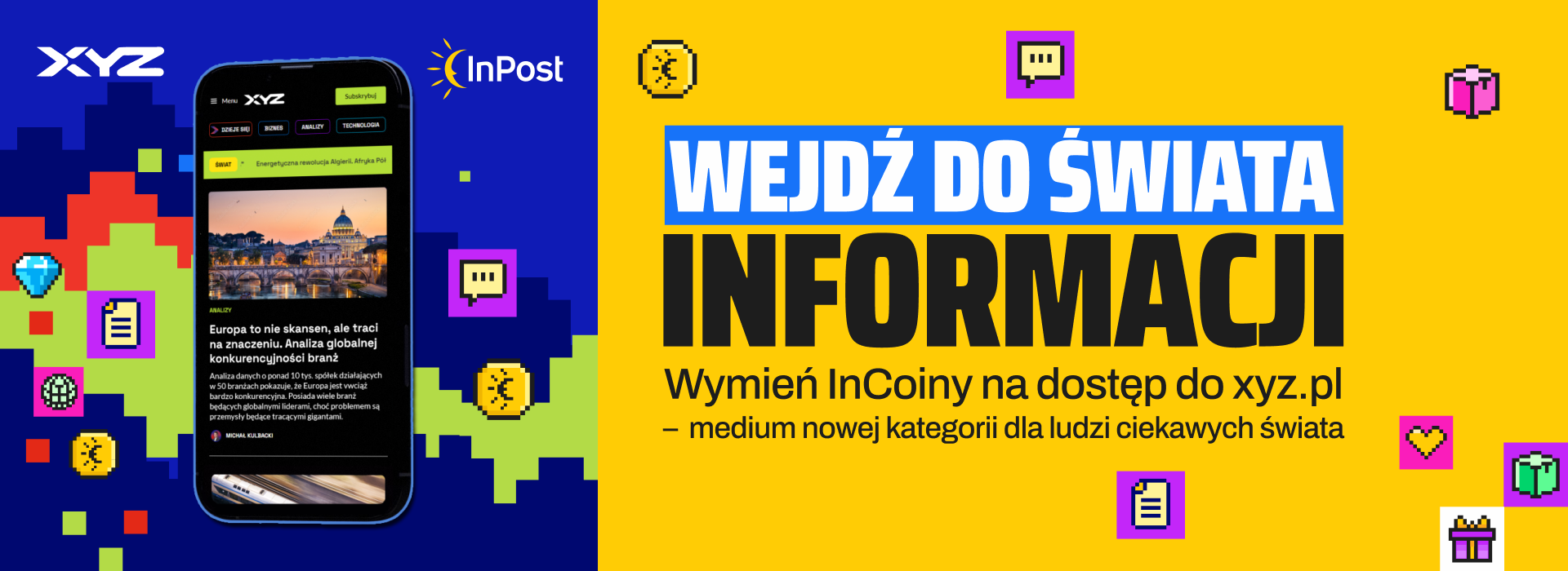Dynamiczna grafika ze smartfonem. Wejdź do świata informacji i zanurz się w treściach, które pobudzą Twoją ciekawość! Wymień InCoiny w apce InPost Mobile na dostęp do serwisu xyz.pl.