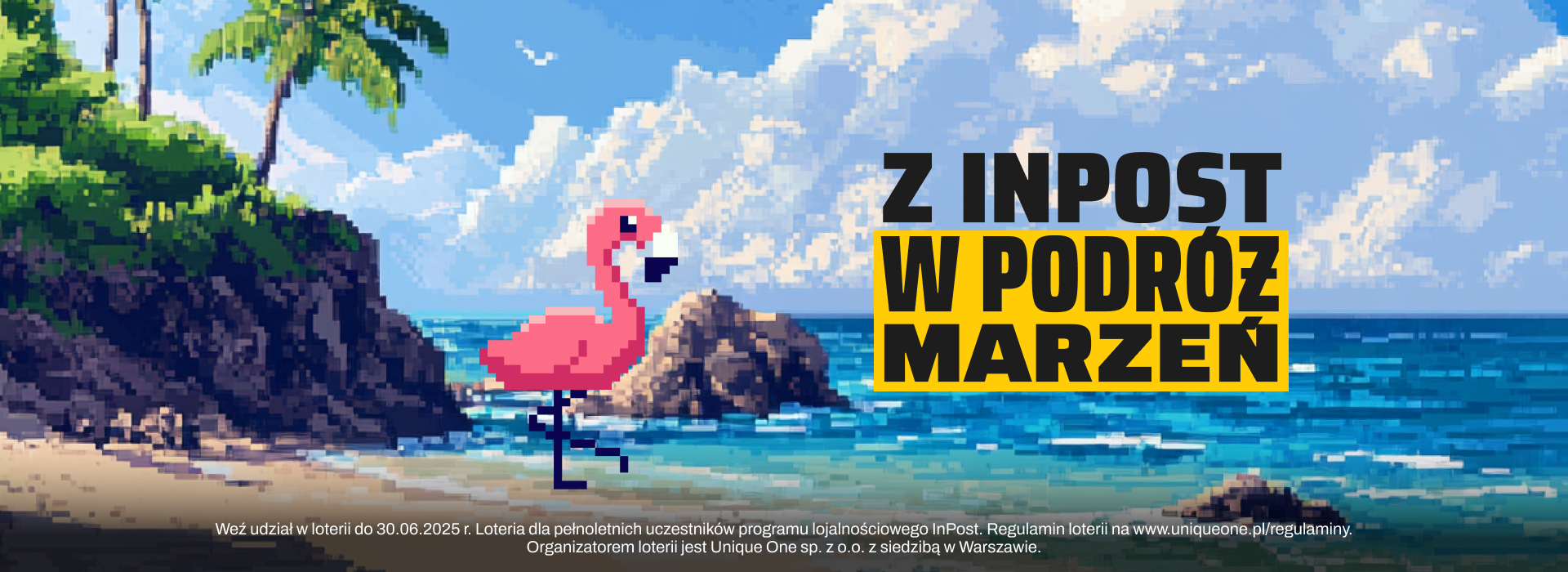 Flaming na plaży. Weź udział w loterii do 30.06.2025 r. Loteria dla pełnoletnich uczestników programu lojalnościowego InPost. Regulamin loterii na www.uniqueone.pl/regulaminy. Organizatorem loterii jest Unique One  sp. z o.o. z siedzibą w Warszawie.