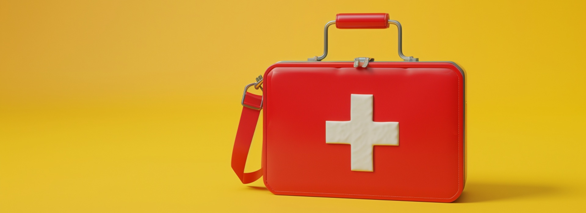 Czerwona apteczka z białym krzyżem na żółtym tle, symbolizująca pierwszą pomoc i gotowość do działania w sytuacjach nagłych.