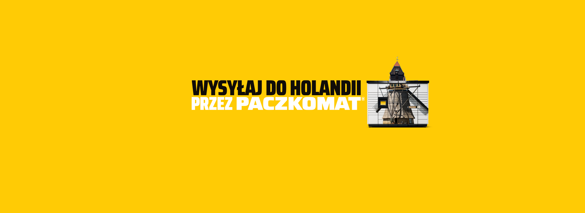 "WYSYŁAJ DO HOLANDII PRZEZ PACZKOMAT". Obok napisu znajduje się obrazek przedstawiający wiatrak, który jest częścią struktury przypominającej Paczkomat. Grafika promuje usługę wysyłki paczek do Holandii.