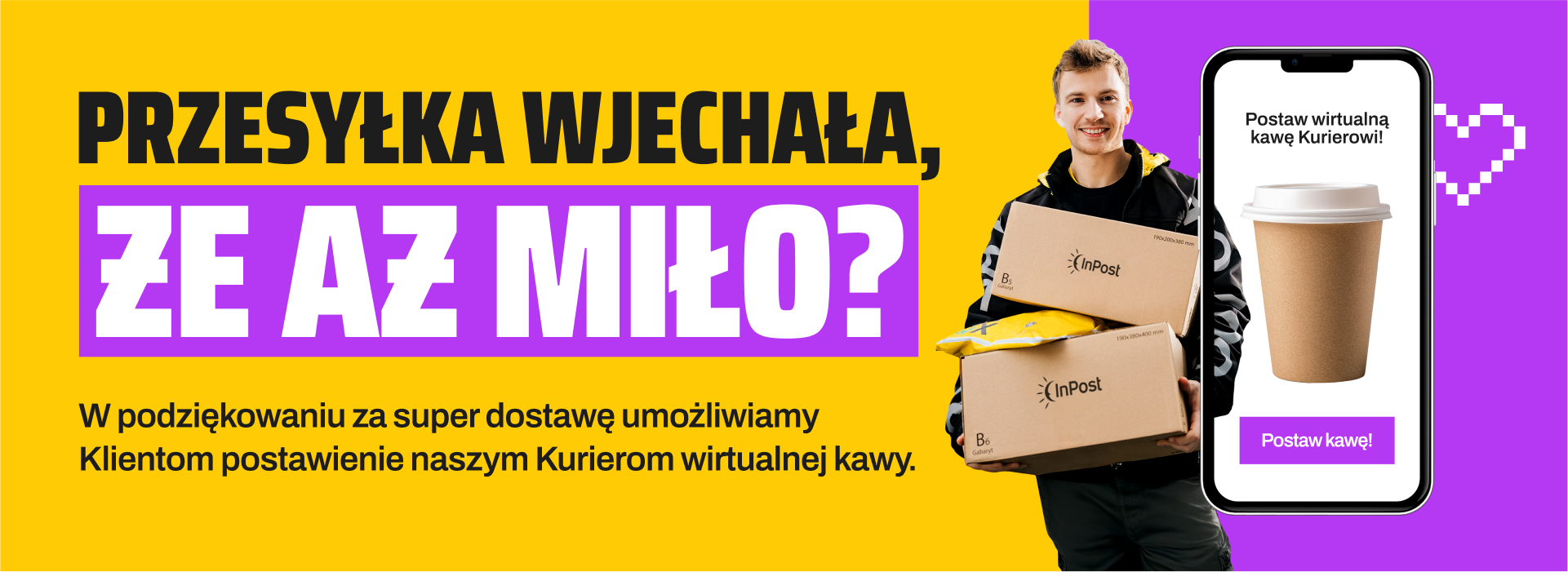 Uśmiechnięty kurier trzyma paczki. Przesyłka wjechała, że aż miło? W podziękowaniu za superdostawę umożliwiamy Klientom postawienie naszym Kurierom wirtualnej kawy