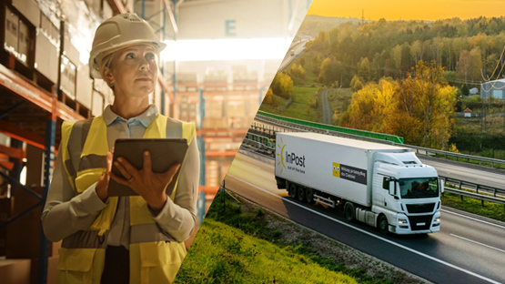 Transport i logistyka: pracownica magazynu w kamizelce odblaskowej korzysta z tabletu w hali składowania, obok ciężarówka kurierska jedzie autostradą przez krajobraz.