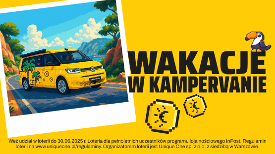 Żółty Kampervan Volkswagen California z loterii InPost. Weź udział w loterii do 30.06.2025 r. Loteria dla pełnoletnich uczestników programu lojalnościowego InPost. Regulamin loterii na www.uniqueone.pl/regulaminy. Organizatorem loterii jest Unique One  sp. z o.o. z siedzibą w Warszawie.
