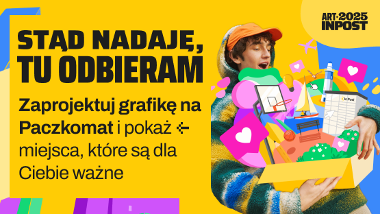 Młody chłopak niesie symboliczne, kolorowe ikony jego zainteresowań. Stąd nadaję, tu odbieram – zaprojektuj grafikę na Paczkomat i pokaż miejsca, które są dla Ciebie ważne.