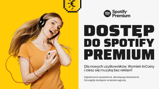 Młoda dziewczyna z telefonem w ręku i słuchawkach. Wymień InCoiny i ciesz się muzyką bez reklam. Zyskaj dostęp do Spotify Premium (tylko dla nowych użytkowników)