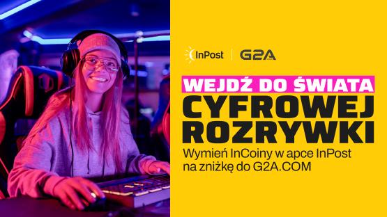 Nastolatka w słuchawkach cieszy się. Siedzi przy komputerze i zanurza się w świecie cyfrowej rozrywki. Obok - zaproszenie do wymiany InCoinów na voucher G2A.COM.