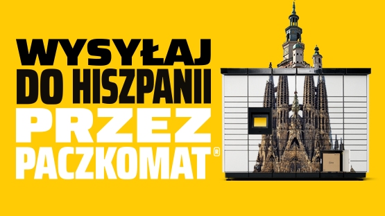 Grafika przedstawia napis "Wysyłaj do Hiszpanii przez Paczkomat" na żółtym tle, sugerując możliwość wysłania paczki do Hiszpanii. Obok znajduje się paczkomat z nadrukowanym wizerunkiem bazyliki Sagrada Família.