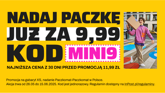 Uśmiechnięty chłopak w kolorowej stylizacji idzie ulicą, niosąc paczkę. Z kodem MINI9 nadasz paczkę już za 9,99 zł. Najniższa cena z 30 dni: 11,99 zł.