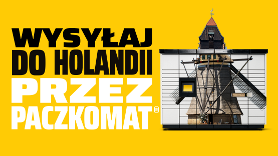 "WYSYŁAJ DO HOLANDII PRZEZ PACZKOMAT". Obok napisu znajduje się obrazek przedstawiający wiatrak, który jest częścią struktury przypominającej Paczkomat. Grafika promuje usługę wysyłki paczek do Holandii.