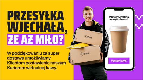 Uśmiechnięty kurier trzyma paczki. Przesyłka wjechała, że aż miło? W podziękowaniu za superdostawę umożliwiamy Klientom postawienie naszym Kurierom wirtualnej kawy