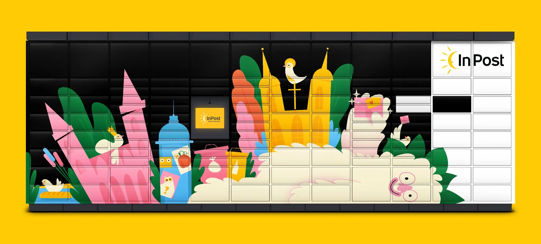 Bajkowy projekt okleiny Paczkomat przedstawiający panoramę miasta Brzeg i najbardziej znane budynki.