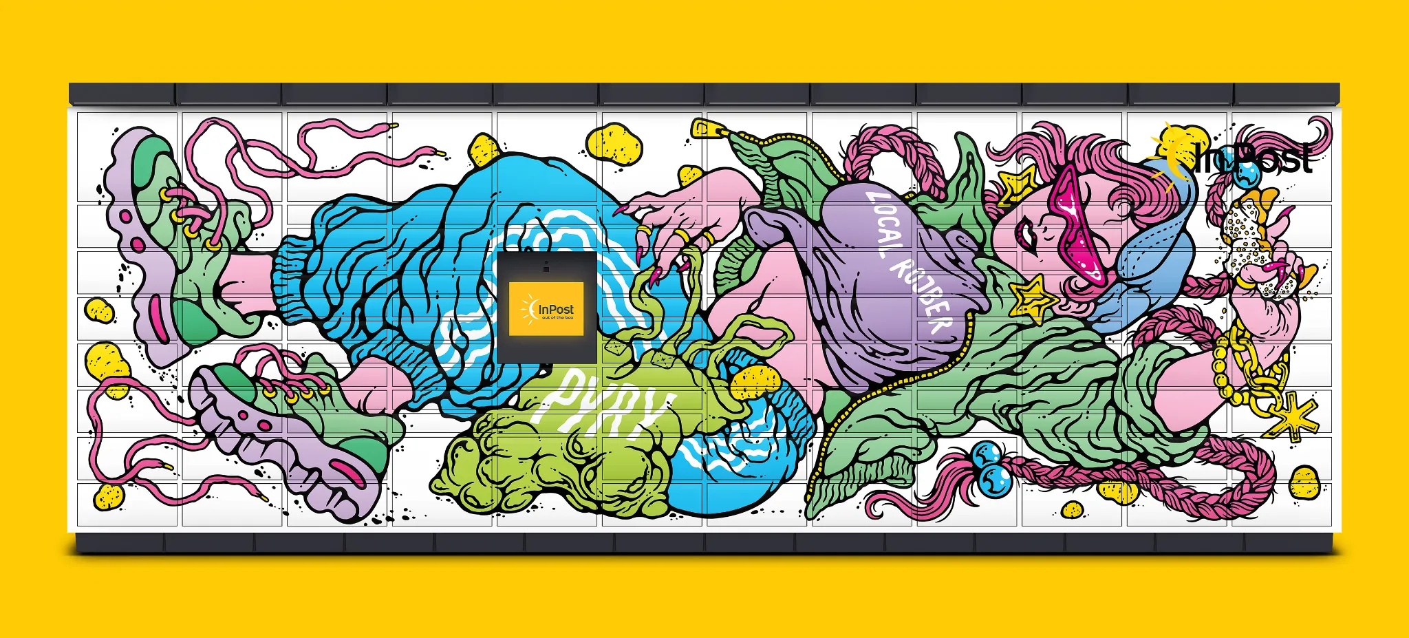 Streetartowy projekt okleiny Paczkomat nawiązujący do poznańskiej tożsamości. Local rojber i pyry