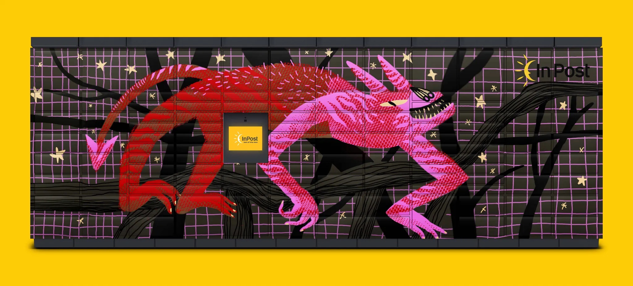 Projekt okleiny Paczkomat nawiązujący do Wrocławia. Różowy smok na tle nocnego nieba i gwiazd.