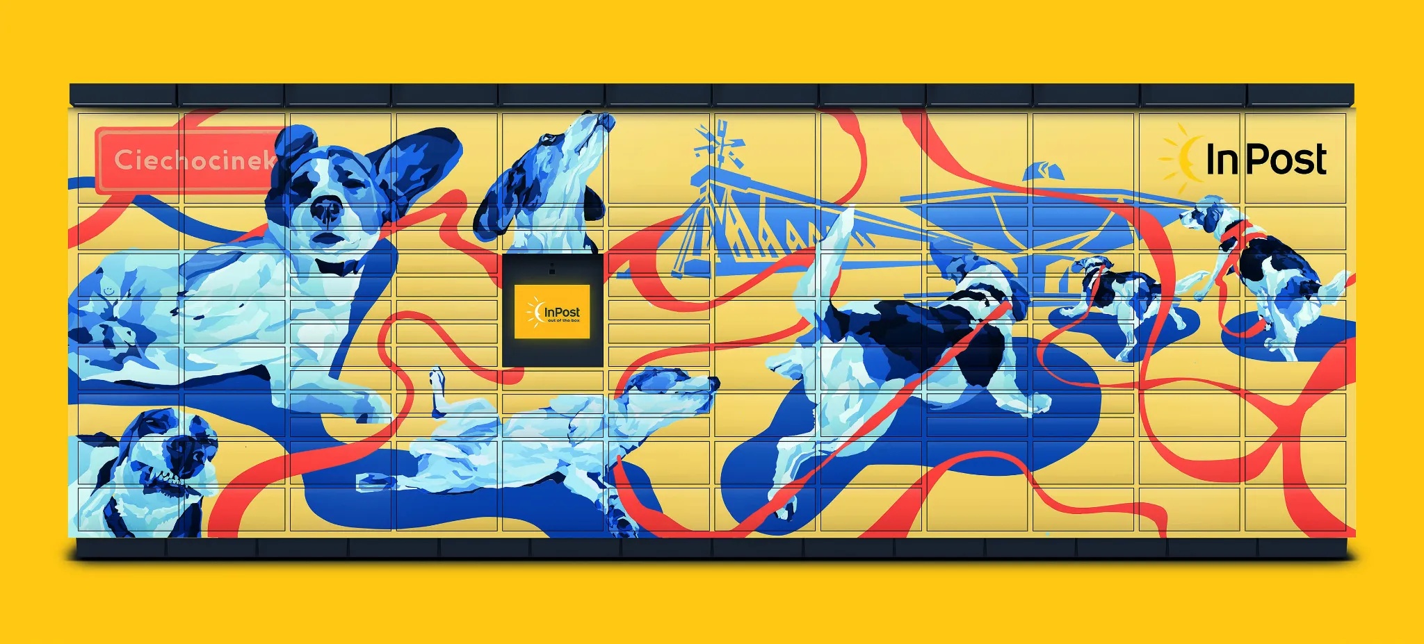 Projekt okleiny Paczkomat pokazujący tężnię w Ciechocinku i biegające psy.