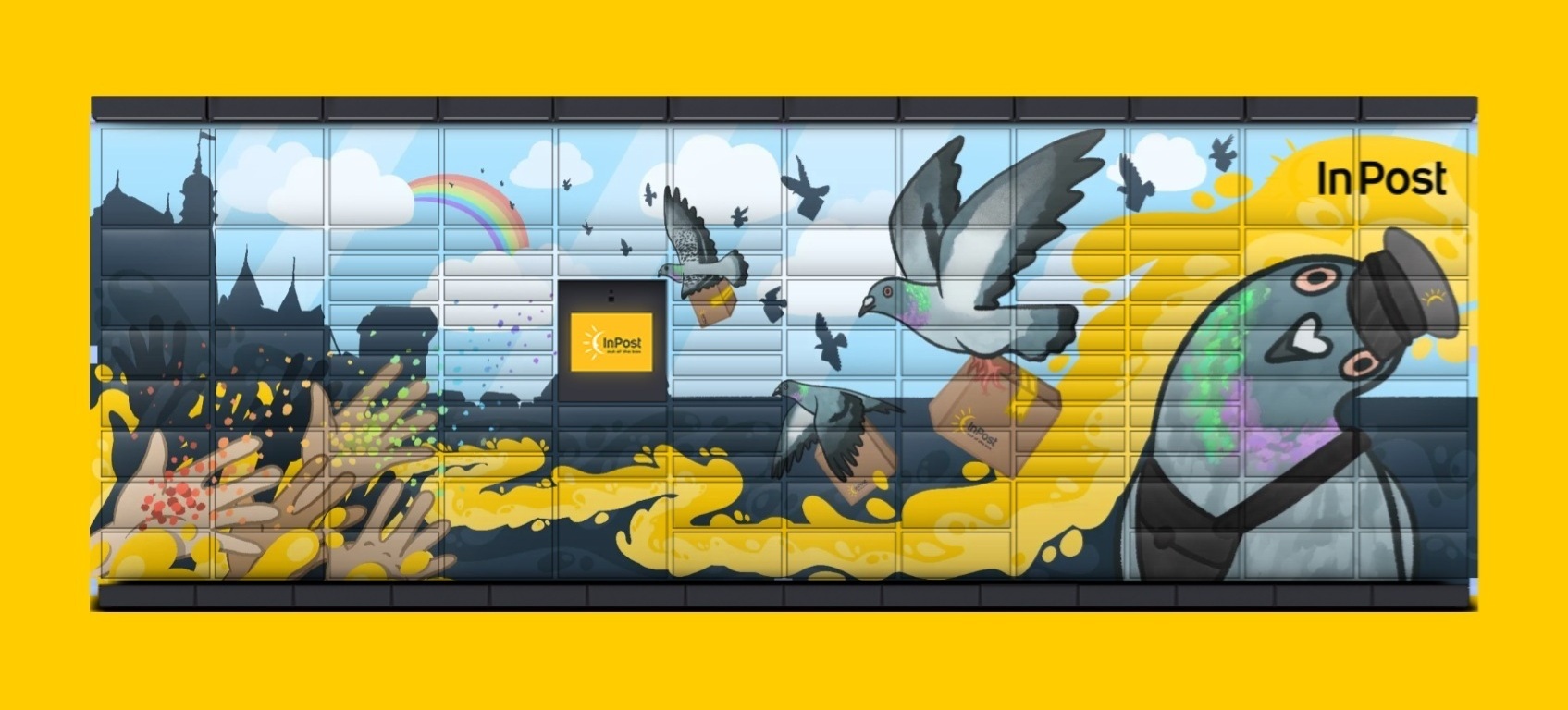 Projekt okleiny Paczkomat z gołębiami przenoszącymi paczki InPost i sylwetkami budynków Gdańska.