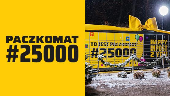 Na żółtym tle znajduje się napis: "Paczkomat #25000". Po prawej stronie widoczne jest zdjęcie jubileuszowego urządzenia Paczkomat z żółtą kokardą na dachu oraz okleiną z napisem: "To jest Paczkomat #25000. Hapi InPost tu ju".