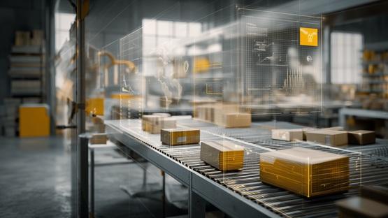 Kartony na taśmie produkcyjnej w magazynie, z nałożonymi grafikami danych, czyli automatyzacja firmy.