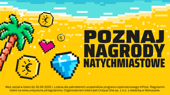 Poznaj nagrody natychmiastowe. Weź udział w loterii do 30.06.2025 r. Loteria dla pełnoletnich uczestników programu lojalnościowego inPost. Regulamin loterii na www.uniqueone.pl/regulaminy. Organizatorem loterii jest Unique One sp. z o.o z siedzibą w Warszawie