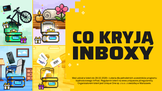 Grafiki przedstawiające 4 rodzaje InBoxów - Sport, Relaks, Dom i Blask. Napis: Co kryją InBoxy.