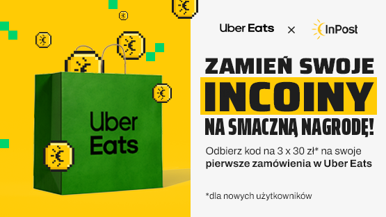 Zamień swoje InCoiny na smaczną nagrodę! Odbierz kod na 3 x 30 zł na swoje pierwsze zamówienie w Uber Eats. Oferta dla nowych użytkowników.