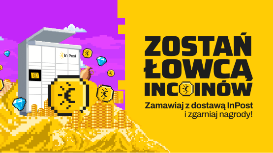 Grafika w stylu pixel-art przedstawia Paczkomat otoczony górami złotych InCoinów. To Twoja szansa na zostanie łowcą nagród! Weź udział w specjalnych wyzwaniach w apce InPost Mobile: odbieraj, nadawaj i zgarniaj EKSTRA InCoiny! 