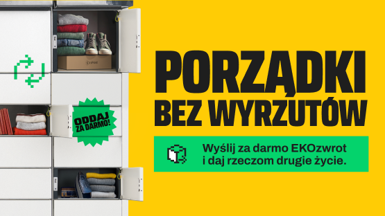 Urządzenie Paczkomat. W otwartych skrytkach widoczne ubrania, książki i sprzęt AGD. Wyślij za darmo EKOzwrot, zrób porządki bez wyrzutów i daj rzeczom drugie życie!
