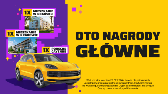 Żółte porsche, mieszkanie w Gdańsku i mieszkanie w Krakowie. Napis oto nagrody główne.