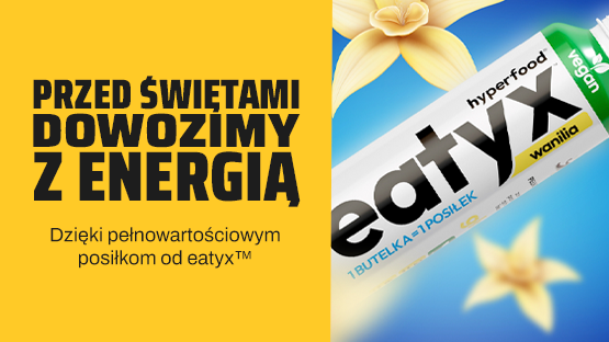 Na żółtym tle znajduje się napis: "Przed Świętami dowozimy z energią". Poniżej tekst uzupełniający "Dzięki pełnowartościowym posiłkom od eatyx". Zdjęcie po prawej pokazuje butelkę napoju eatyx na niebieskim tle z żółtymi kwiatami wanilii.