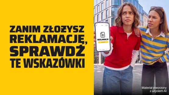 Dwie osoby na ulicy, jedna pokazuje telefon z otwartym ekranem „Reklamacje” w aplikacji InPost. Napis: Zanim złożysz reklamację, sprawdź te wskazówki.