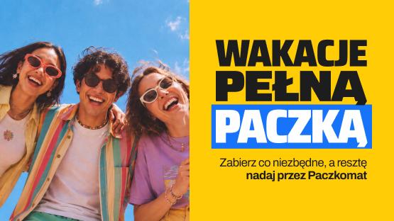 Dwie dziewczyny i chłopak w słonecznych okularach na tle niebieskiego nieba. Obok napis "Wakacje pełną paczką. Zabierz co niezbędne, a resztę nadaj przez Paczkomat."