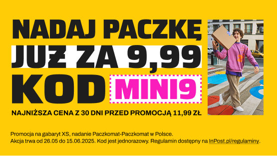 Uśmiechnięty chłopak w kolorowej stylizacji idzie ulicą, niosąc paczkę. Z kodem MINI9 nadasz paczkę już za 9,99 zł. Najniższa cena z 30 dni: 11,99 zł.