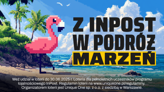 Flaming na plaży. Weź udział w loterii do 30.06.2025 r. Loteria dla pełnoletnich uczestników programu lojalnościowego InPost. Regulamin loterii na www.uniqueone.pl/regulaminy. Organizatorem loterii jest Unique One  sp. z o.o. z siedzibą w Warszawie.