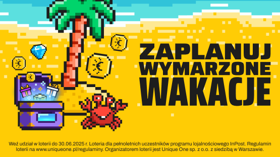 Na plaży palma, InBox i czerwony rak. Weź udział w loterii do 30.06.2025 r. Loteria dla pełnoletnich uczestników programu lojalnościowego InPost. Regulamin loterii na www.uniqueone.pl/regulaminy. Organizatorem loterii jest Unique One  sp. z o.o. z siedzibą w Warszawie. 