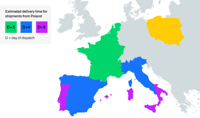 Map of Europe with indication of countries where the  InPost International service is available, together with estimated delivery times in the region.  Belgium, the Netherlands, France, Luxembourg - 3 days from the day of posting, Spain, Corsica, northern Italy  - 4 days from the date of posting, Portugal, Balearic Islands, Sardinia and Southern Italy - 5 days from the date of posting.