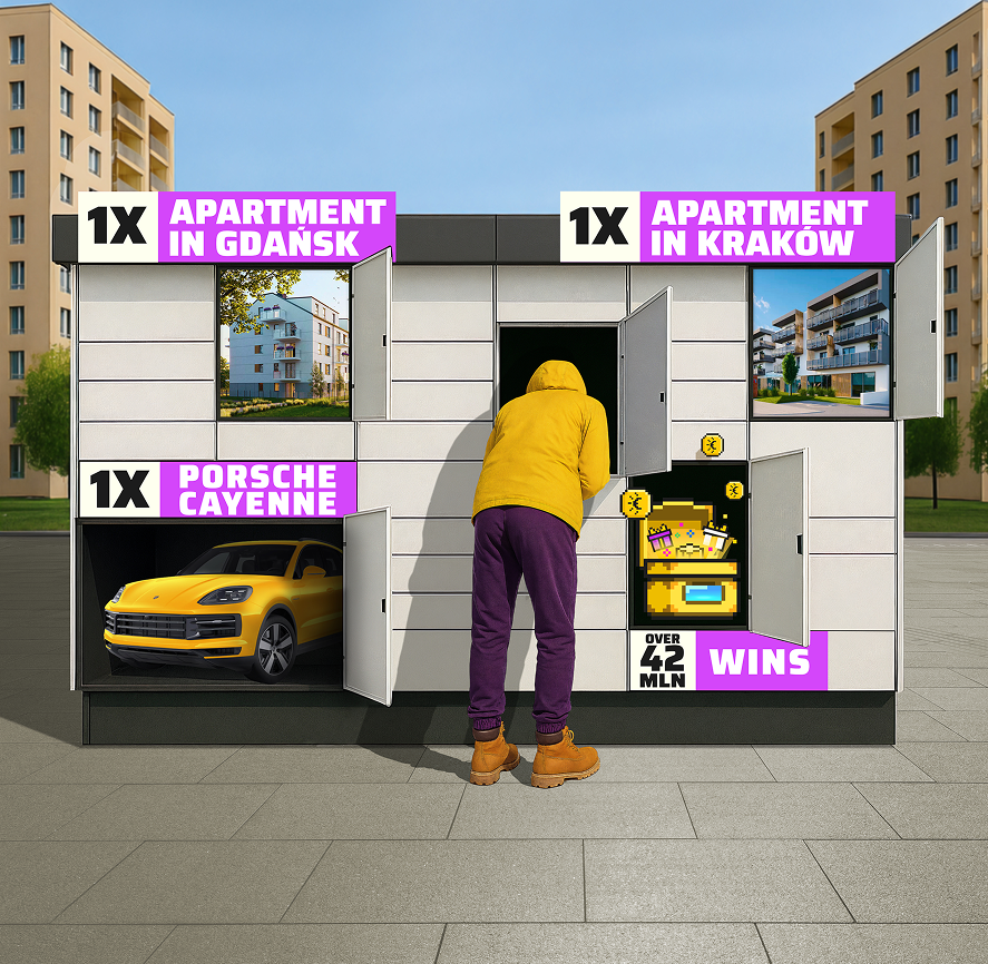 A parcel locker with open compartments displaying lottery prizes: an apartment in Gdańsk, an apartment in Kraków, a yellow Porsche Cayenne, and over 42 million prizes.